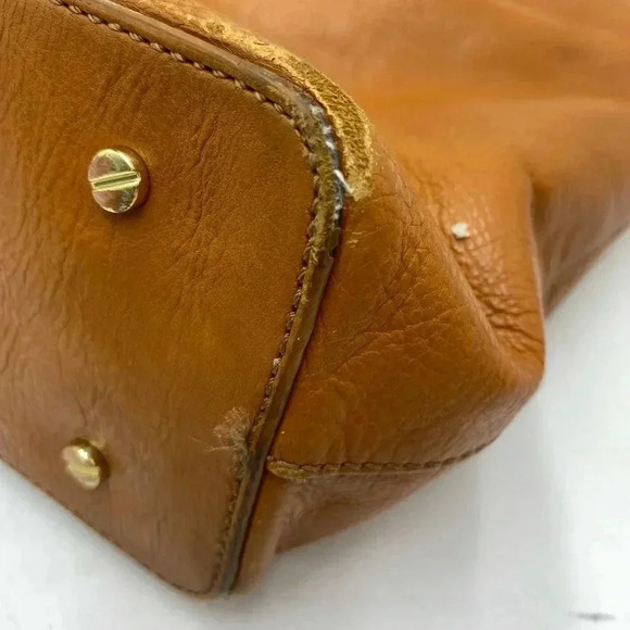 Vintage Tory Burch Bombe Glazed Leather Handbag Zip Top Tote in Luggage tan - Picture 11 of 12